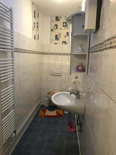 a bathroom with a sink and a toilet at Ferienwohnung in Burg in Fehmarn