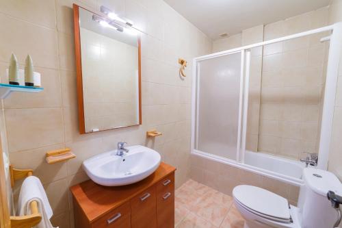 een badkamer met een wastafel, een toilet en een douche bij Casas Rurales Olmeda in Alcalá del Júcar