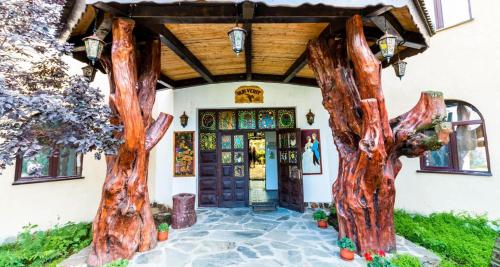 a house with two trees in front of it at Castelul de Vis in Petroşani