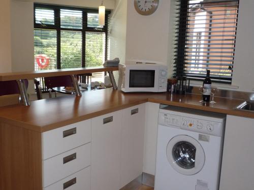 a kitchen with a washing machine and a microwave at Grove Lodge Holiday Homes 2 Bed by Trident Holiday Homes in Killorglin