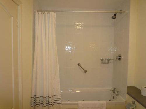 a bathroom with a tub and a shower curtain at Grove Lodge Holiday Homes (2 Bed) in Killorglin