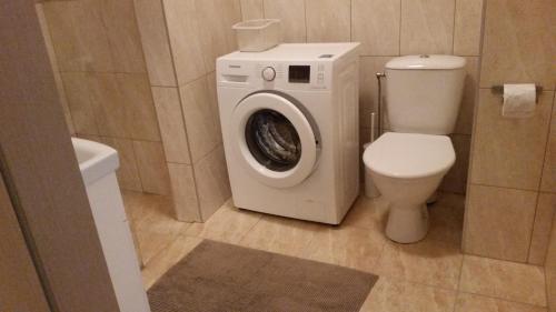 a bathroom with a washing machine and a toilet at Malūno Vilos apartamentai centre in Palanga