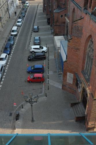 
a row of parked cars on a city street at Academus - Cafe/Pub & Guest House in Wrocław
