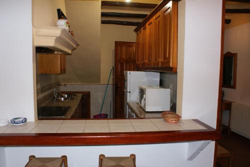 a kitchen with a sink and a microwave at Casa De La Ermita in Bubión