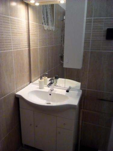 a bathroom with a white sink and a mirror at Napraforgó Vendégház in Mezőkövesd