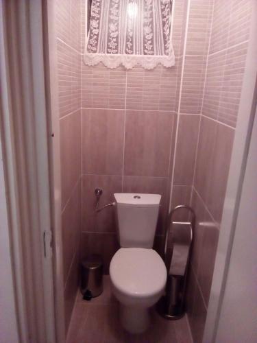 a small bathroom with a toilet and a window at Napraforgó Vendégház in Mezőkövesd