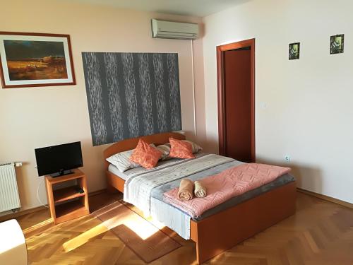 1 dormitorio con 1 cama y TV. en Guesthouse Sava, en Slavonski Brod
