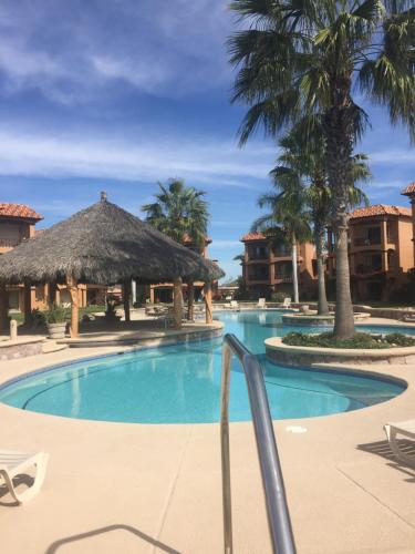 een zwembad in een resort met palmbomen bij Condominio en Bahia Delfin in San Carlos