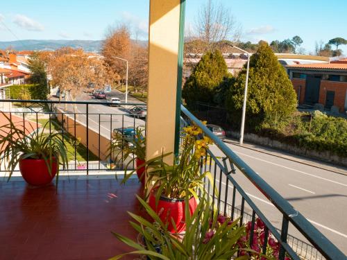 a balcony with potted plants and a view of a street at Casa das Andorinhas in Ponte de Lima