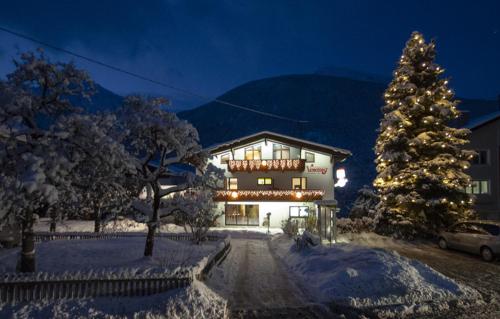 a building with a christmas tree in the snow at Gasthof Venetrast in Imsterberg
