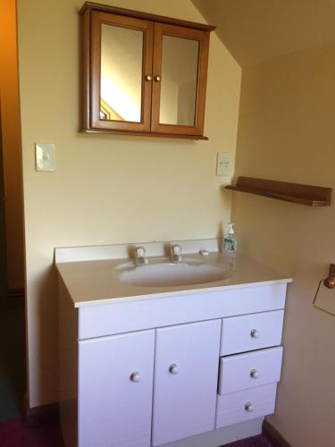 a bathroom with a white sink and a mirror at Abel Tasman Marahau in Marahau
