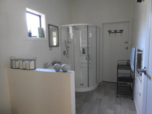 a bathroom with a shower and a sink at Thistle Cottage in Ashburton
