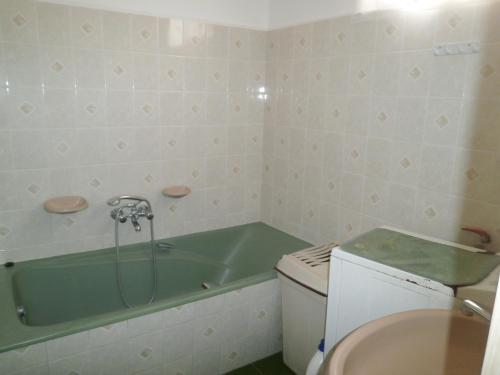 a bathroom with a green bath tub and a toilet at Tündérkert Apartmanok in Hajdúszoboszló