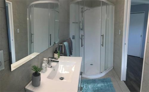 ein Badezimmer mit einem weißen Waschbecken und einer Dusche in der Unterkunft Mason lane Apartment in Whangarei