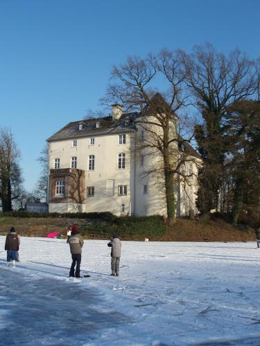 a group of people standing in front of a large building at Burg Boetzelaer in Kalkar