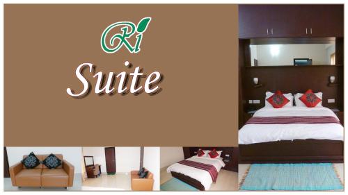 a bedroom with a bed and a suite sign on the wall at Restinn Hotel in Maulvi Bāzār