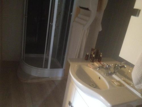 y baño con lavabo y ducha con espejo. en Cosquer Cottage en Pluméliau