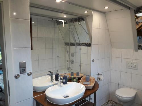 Schellbronn的住宿－沃爾夫西威戈11號度假屋，一间带两个盥洗盆和卫生间的浴室