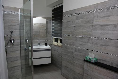 La salle de bains est pourvue d'un lavabo et d'une douche en verre. dans l'établissement Affittacamere Gallurà, à Calangianus