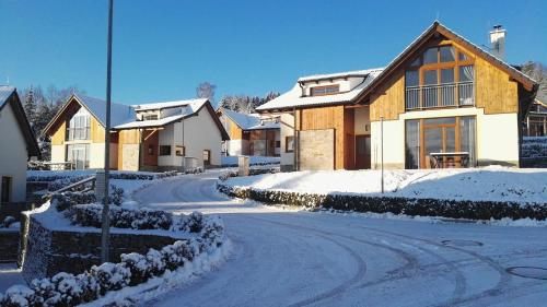 a snow covered street in front of a house at Residence Lipno in Lipno nad Vltavou