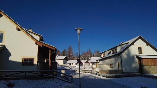 a snow covered yard with houses and a street light at Residence Lipno in Lipno nad Vltavou