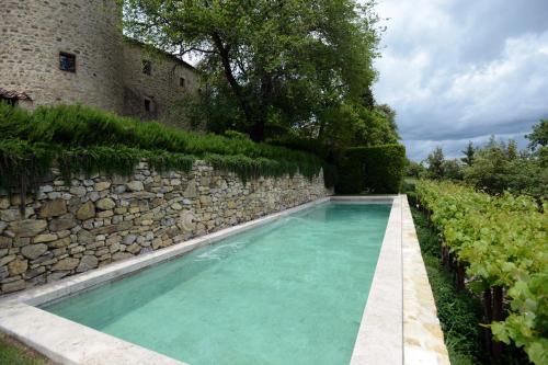 a swimming pool in front of a stone wall at Castello di Fighine in San Casciano dei Bagni
