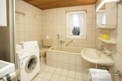 a bathroom with a washing machine and a sink at Willekes Blütenhof in Madfeld