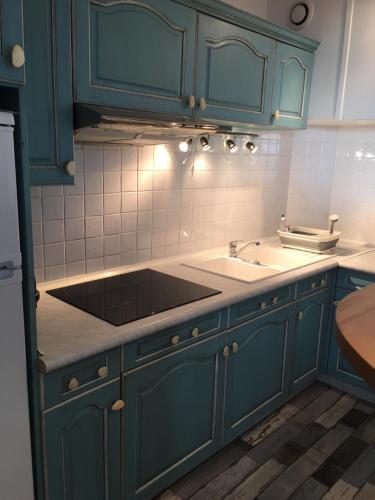 une cuisine avec des armoires bleues et un évier dans l'établissement Queen Marina Face Mer, à Boulogne-sur-Mer