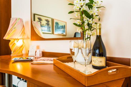a bottle of wine and two glasses on a table at Hotel Tegorzo in Fener