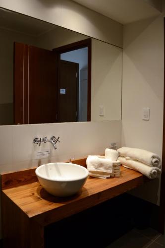 a bathroom with a sink and a mirror at Posada del Blanco in Potrerillos