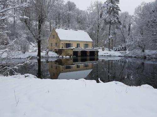a house in the snow next to a river at Nid dans la forêt in Saint-Jean-aux-Bois