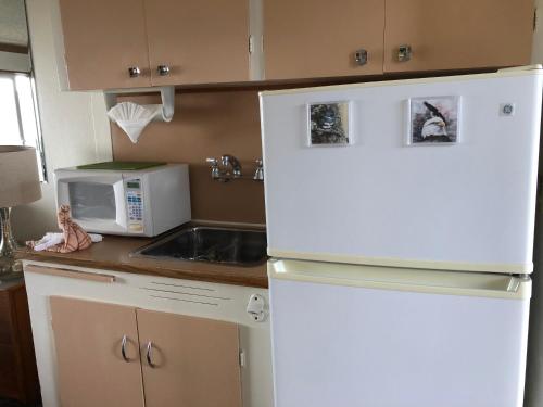 a kitchen with a white refrigerator and a microwave at Webb's Scenic Surf in Cannon Beach
