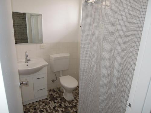 a bathroom with a toilet and a sink and a shower at Jackaroo Apartments in Moree