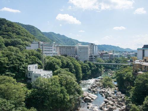 un fiume in una città con edifici e alberi di Monogusa no Yado Hanasenkyo a Nikko