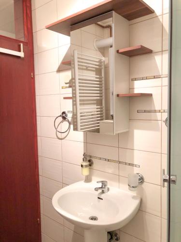 a bathroom with a sink and a mirror at Smještaj Natalija in Osijek