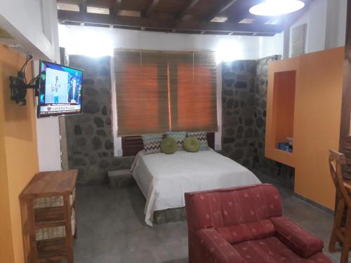 a bedroom with a bed and a couch and a television at Altos del Molle SF in San Francisco del Monte de Oro