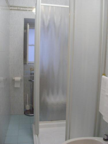 a shower with a glass door in a bathroom at Albergo Anna in Perugia
