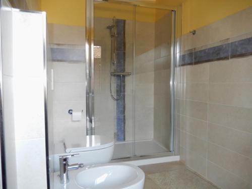 a bathroom with a shower and a toilet and a sink at Le Colline di Maggiora B&B in Maggiora