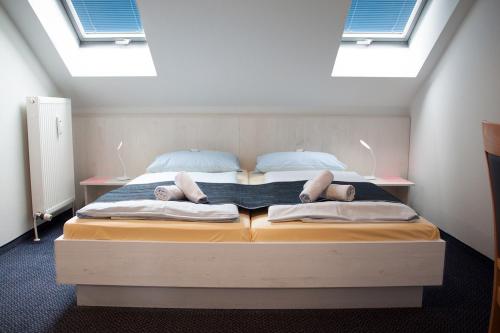 a bedroom with a large bed with skylights at Pension Vicus in Passau