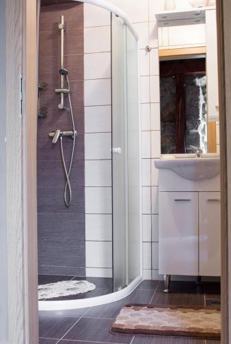 a bathroom with a shower and a sink at Solovi Dvori in Karlobag