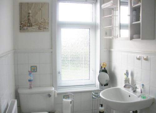 a bathroom with a toilet and a sink and a window at Trent Cottage in Newark-on-Trent