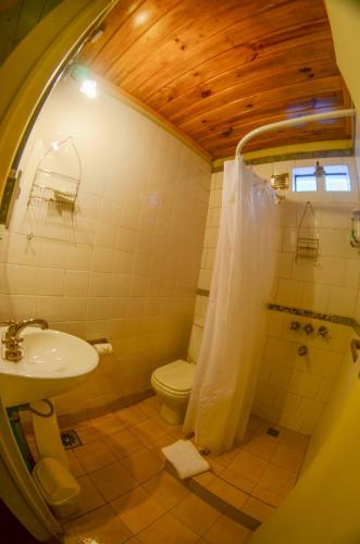 a bathroom with a sink and a toilet and a shower at De Luna in Puerto Pirámides