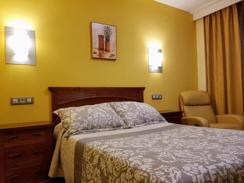a bedroom with a bed and a chair at Hotel Reina Isabel in Medina del Campo