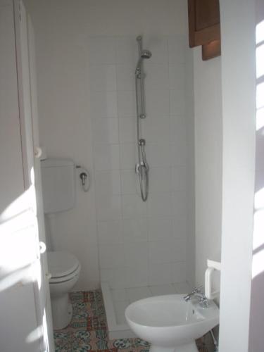 a white bathroom with a shower and a toilet at Casa Madonia in Panarea