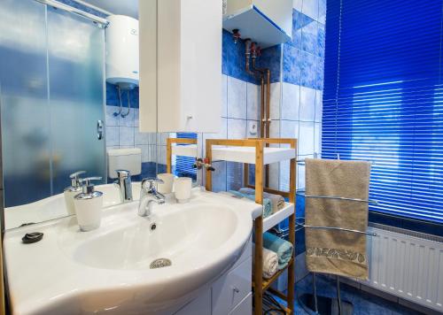 een badkamer met een witte wastafel en een spiegel bij Bella Donna in Maribor
