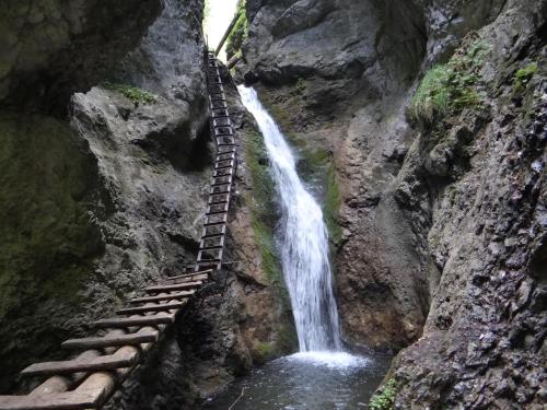 a ladder leading to a waterfall in a canyon at CHATY - woodyganovce sk in Poprad