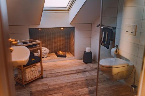 ein Bad mit einer Dusche und einem WC sowie einen Kamin in der Unterkunft Ferienhaus "Chalet100" in Löbnitz
