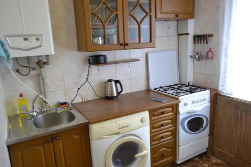 a small kitchen with a sink and a washing machine at Apartment on Kniaziv Koriatovychiv 9 in Kamianets-Podilskyi