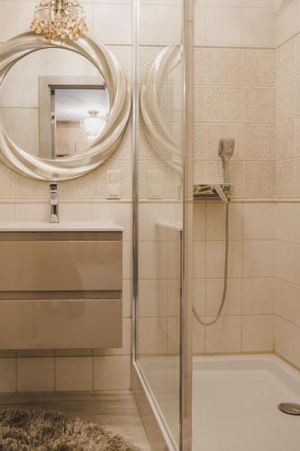 a bathroom with a shower and a mirror at Apartament Hubalczyków in Słupsk
