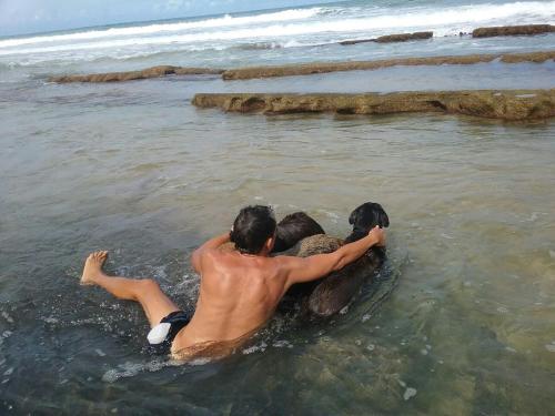 two men and a dog in the water at Villa Marsana in Aguada